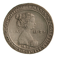 TMNK 00015
<br/>
Guldiner (schauguldiner) over het huwelijk van Maximiliaan, hertog van Oostenrijk met Maria, hertogin van Bourgondië
<br/>
<em>Tirol, graafschap (11e eeuw-1803)</em>