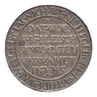 TMNK 00077
<br/>
Taler; wiedertäufertaler uit Münster over de Wederdopers, volgens zeggen uitgereikt aan de deelnemers van de Vredesonderhandelingen
<br/>
<em>Münster, stad</em>