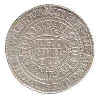 TMNK 00078
<br/>
Anderhalve taler; wiedertäufertaler uit Münster over de Wederdopers, volgens zeggen uitgereikt aan de deelnemers van de Vredesonderhandelingen
<br/>
<em>Münster, stad</em>