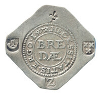 TMNK 05167
<br/>
Twee gulden (noodmunt) uit Breda
<br/>
<em>Spaanse Nederlanden, Breda</em>