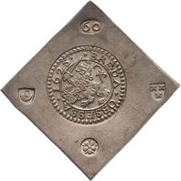 TMNK 05193
<br/>
Zestig stuiver (noodmunt) uit Breda, tijdens de belegering door Spinola
<br/>
<em>Breda, Staats-Brabant</em>