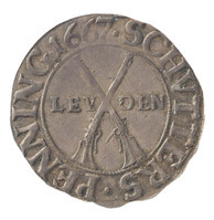 TMNK 05489
<br/>
Schutterspenning (betaalpenning) van de stad Leiden
<br/>
<em>Republiek der Zeven Verenigde Nederlanden, republiek (1588-1795)</em>