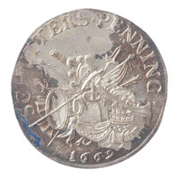 TMNK 05490
<br/>
Schutterspenning (betaalpenning) van de stad Leiden, gemaakt in 1670, met de wapens van de in november 1669 benoemde burgemeesters
<br/>
<em>Republiek der Zeven Verenigde Nederlanden, republiek (1588-1795)</em>
