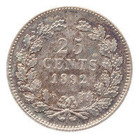 TMNK 05881
          <br/>
          Vijfentwintig cent (kwartje) uit Nederland op naam van Wilhelmina, koningin der Nederlanden (1890-1948)
          <br/>
          <em>Nederland, Koninkrijk (1830-heden)</em>
