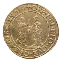 TMNK 07389
<br/>
Dubbele gouden dukaat uit Batenburg op naam van Willem V van Bronckhorst, heer van Batenburg en Stein (1556-1573)
<br/>
<em>Batenburg, heerlijkheid (1534-1795)</em>