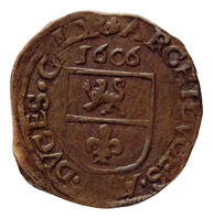 TMNK 08090
<br/>
Duit uit Roermond op naam van Albrecht en Isabella, soeverein vorsten over de Zuidelijke Nederlanden (1598-1621)
<br/>
<em>Spaanse Nederlanden, Roermond</em>