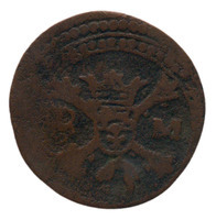 TMNK 08116
<br/>
Duit uit Roermond op naam van Philips IV (1621-1665) / Karel II, koning van Spanje (1665-1700)
<br/>
<em>Roermond, Spaanse Nederlanden</em>