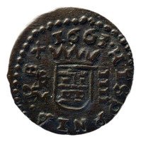TMNK 09051
<br/>
Gongorino, vier maravedis uit Spanje op naam van Philips IV (1621-1665)
<br/>
<em>Spanje, Koninkrijk</em>