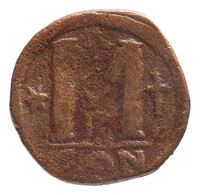 TMNK 09743
<br/>
Follis (veertig nummi) uit het Byzantijnse Rijk op naam van Justinus I (518-527)
<br/>
<em>Byzantijns Keizerrijk</em>
