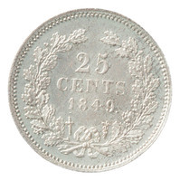 TMNK 10852
<br/>
Vijfentwintig cent (kwartje) uit Nederland op naam van Willem II, koning der Nederlanden (1840-1849)
<br/>
<em>Nederland, Koninkrijk (1830-heden)</em>