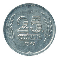 TMNK 10876
<br/>
Vijfentwintig cent (kwartje) uit Nederland uit de tijd van de Duitse bezetting (1940-1945)
<br/>
<em>Nederland, Duitse bezetting (1940-1945)</em>