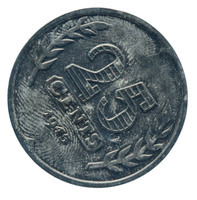 TMNK 10877
<br/>
Vijfentwintig cent (kwartje) uit Nederland uit de tijd van de Duitse bezetting (1940-1945)
<br/>
<em>Nederland, Duitse bezetting (1940-1945)</em>