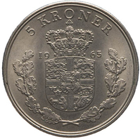 TMNK 11068
          <br/>
          Vijf kroner uit Denemarken op naam van Frederik IX (1947-1972)
          <br/>
          <em>Denemarken, koninkrijk</em>