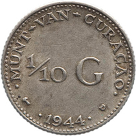 TMNK 11157
<br/>
Tiende gulden uit Curaçao op naam van koningin Wilhelmina (1890-1948)
<br/>
<em>Curaçao, Koninkrijk der Nederlanden (1830-heden)</em>