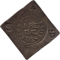 TMNK 11311
<br/>
Twee gulden (noodmunt) uit Breda
<br/>
<em>Spaanse Nederlanden, Breda</em>