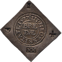 TMNK 11312
<br/>
Twintig stuiver (noodmunt) uit Breda
<br/>
<em>Spaanse Nederlanden, Breda</em>