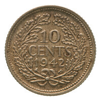 TMNK 11943
          <br/>
          Tien cent (dubbeltje) uit De Verenigde Staten van Amerika op naam van koningin Wilhelmina (1890-1948) en bestemd voor de Overzeese gebiedsdelen
          <br/>
          <em>Nederland, Koninkrijk (1830-heden)</em>
