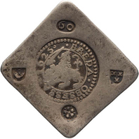 TMNK 11999
<br/>
Zestig stuiver (noodmunt) uit Breda, tijdens de belegering door Spinola
<br/>
<em>Breda, Staats-Brabant</em>