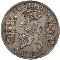 TMNK 12001
<br/>
Schutterspenning (betaalpenning) van de stad Leiden, gemaakt in 1670, met de wapens van de in november 1669 benoemde burgemeesters
<br/>
<em>Republiek der Zeven Verenigde Nederlanden, republiek (1588-1795)</em>