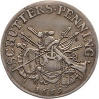 TMNK 12001
<br/>
Schutterspenning (betaalpenning) van de stad Leiden, gemaakt in 1670, met de wapens van de in november 1669 benoemde burgemeesters
<br/>
<em>Republiek der Zeven Verenigde Nederlanden, republiek (1588-1795)</em>