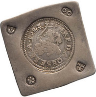 TMNK 12002
<br/>
Zestig stuiver (noodmunt) uit Breda, tijdens de belegering door Spinola
<br/>
<em>Breda, Staats-Brabant</em>