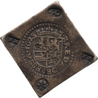 TMNK 12003
<br/>
Veertig stuiver (noodmunt) uit Breda, tijdens de belegering door Spinola
<br/>
<em>Breda, Staats-Brabant</em>