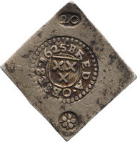 TMNK 12004
<br/>
Twintig stuiver (noodmunt) uit Breda, tijdens de belegering door Spinola
<br/>
<em>Breda, Staats-Brabant</em>