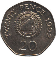 TMNK 12259
<br/>
Twintig pence uit Guernsey op naam van Elizabeth II, koningin (1952-2022)
<br/>
<em>Guernsey</em>