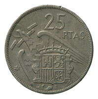 TMNK 15204
<br/>
Vijfentwintig peseta uit Spanje op naam van Francisco Franco, caudillo en regent (1947-1975)
<br/>
<em>Spanje, Koninkrijk</em>