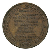 TMNK 16003
<br/>
Betaalpenning (médaille de confiance) van vijf sols, uitgegeven door de firma Monneron frères te Parijs
<br/>
<em>Frankrijk</em>