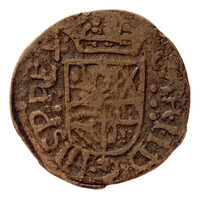 TMNK 16579
<br/>
Duit uit Gelderland op naam van Karel II, koning van Spanje (1665-1700), als hertog van Gelderland
<br/>
<em>Gelderland, provincie (1581-1795)</em>
