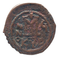 TMNK 16770
<br/>
Follis (veertig nummi) uit het Byzantijnse Rijk op naam van Mauritius Tiberius (582-602)
<br/>
<em>Byzantijns Keizerrijk</em>
