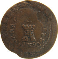 TMNK 17621
          <br/>
          Dubbele stuiver (noodmunt) van Doornik, geslagen over duit van Luik
          <br/>
          <em>Doornik, stad</em>